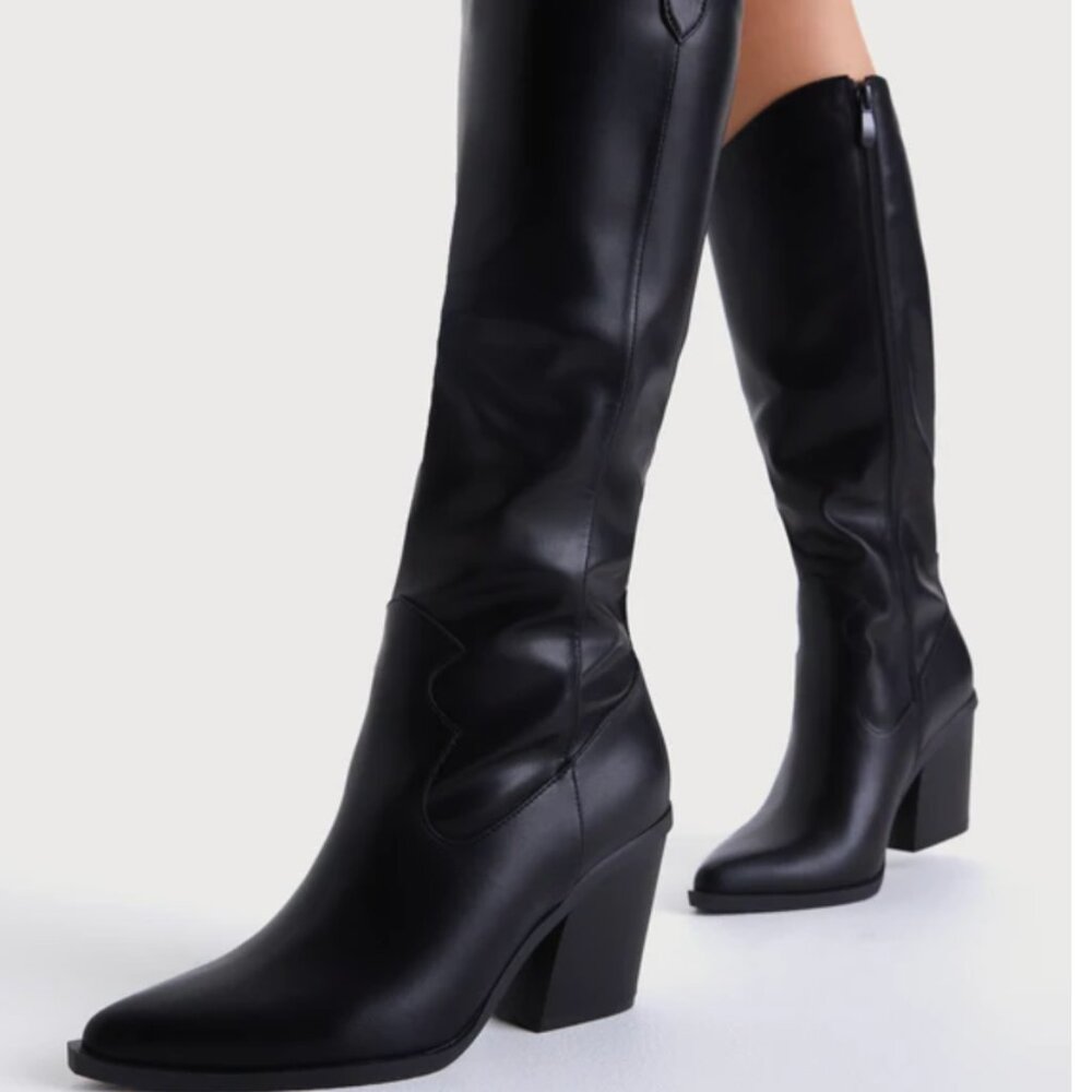 NWT Lulus Rauland Black Pointed-Toe Knee-High Western Boots